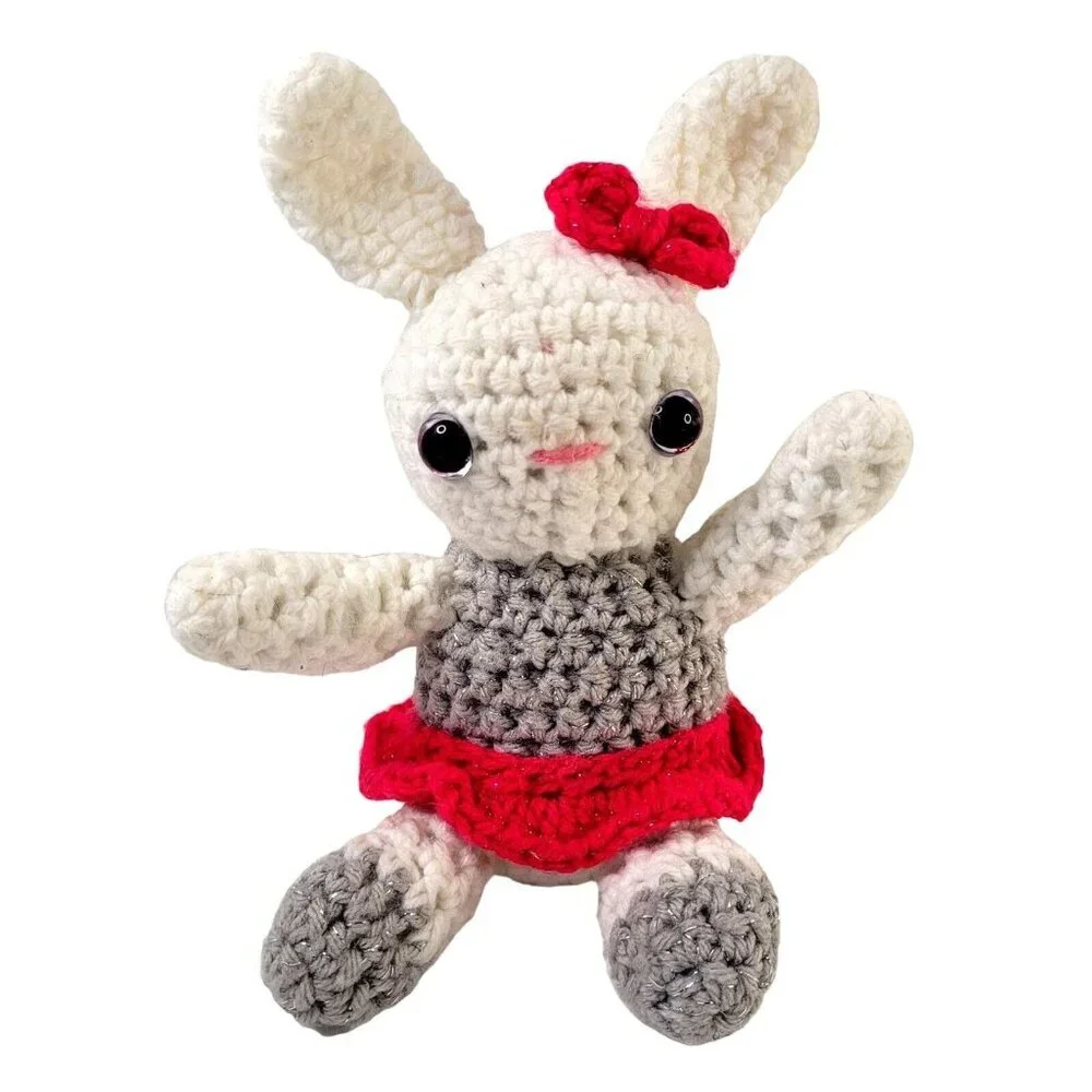 Handmade Crochet Bunny Rabbit Tutu Bow 10" White Gray Pink Easter Stuffed Plush - Picture 1 of 7